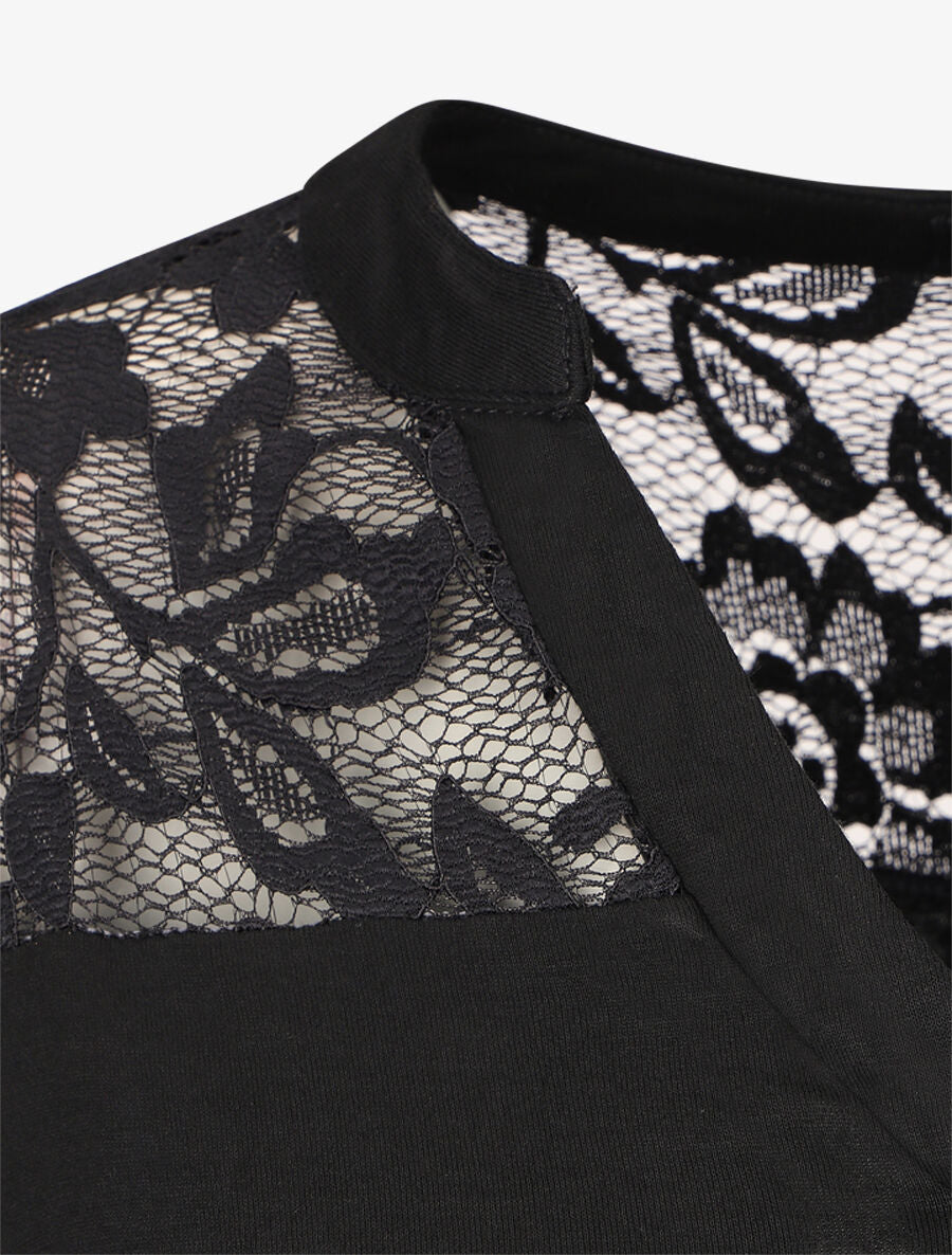 Top uni manches longues et dentelle - Noir - 3