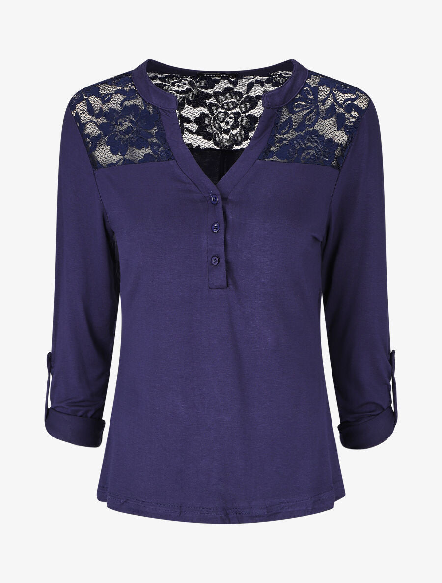 Top uni manches longues et dentelle - Marine - 1