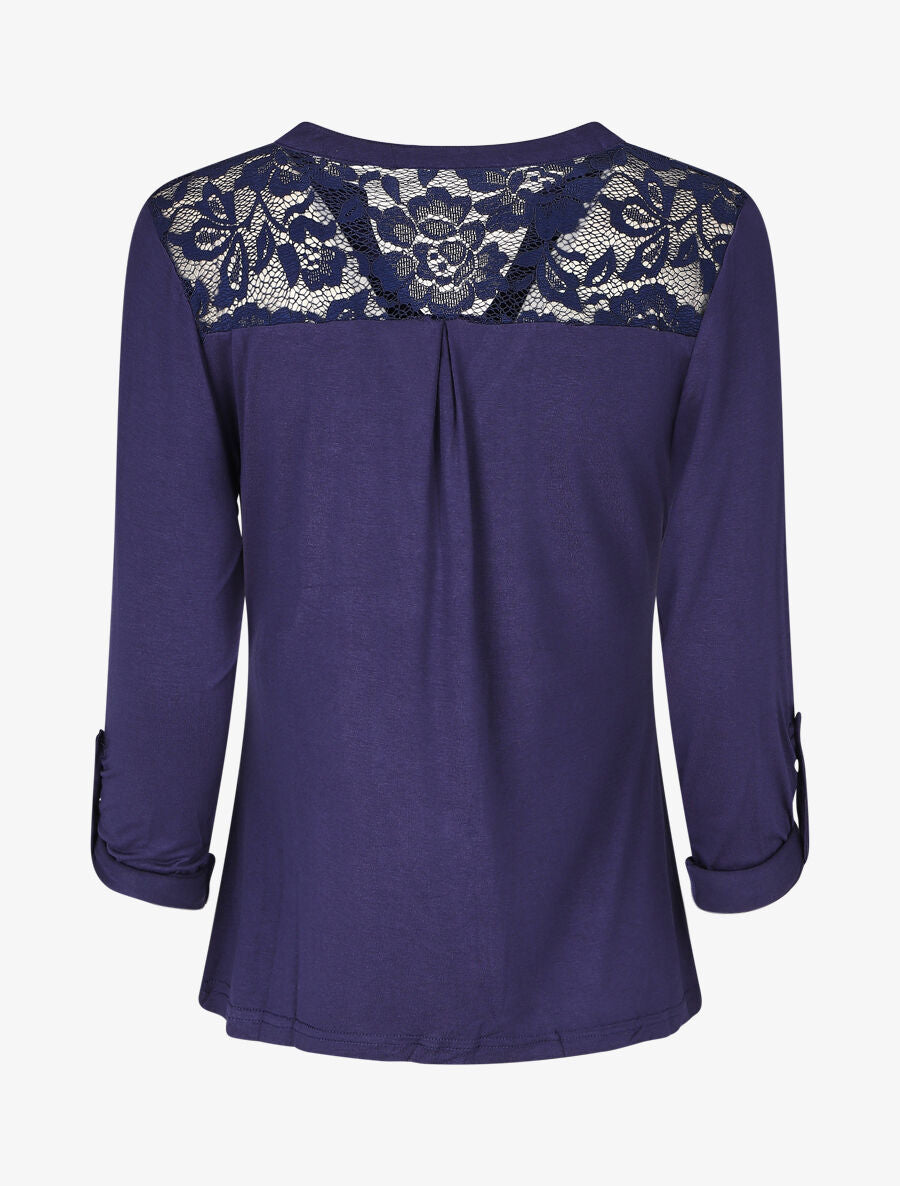 Top uni manches longues et dentelle - Marine - 2