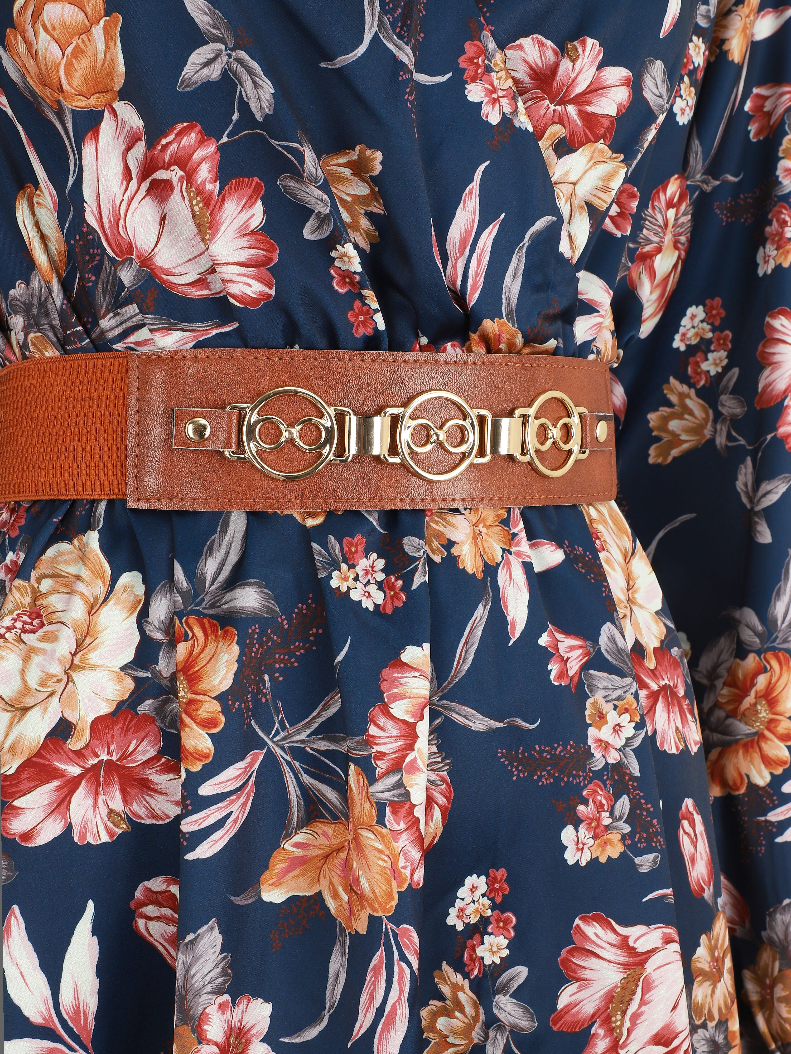 Robe satinée à imprimée floral - Marine - 3