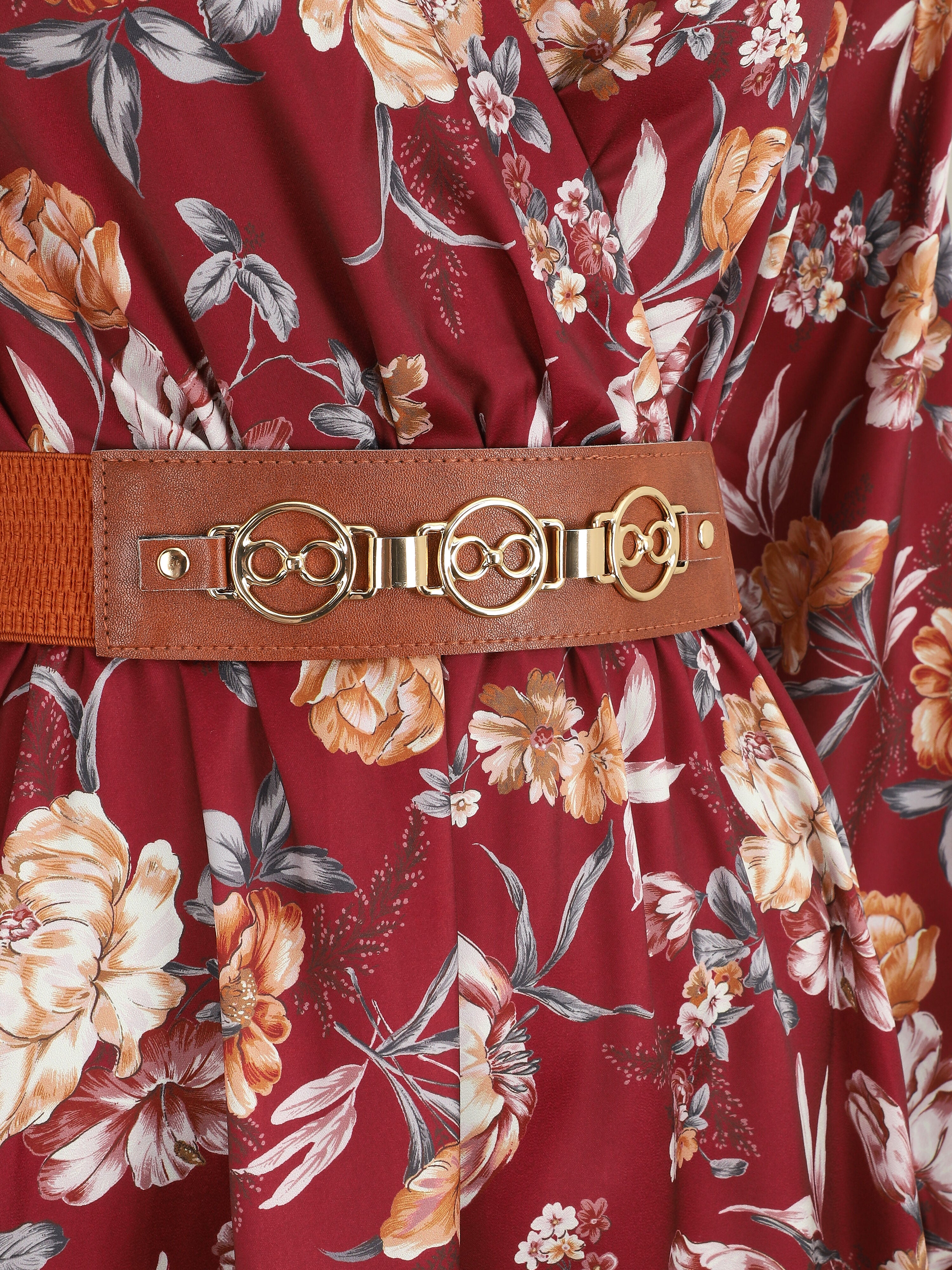 Robe satinée à imprimée floral - Bordeaux - 3