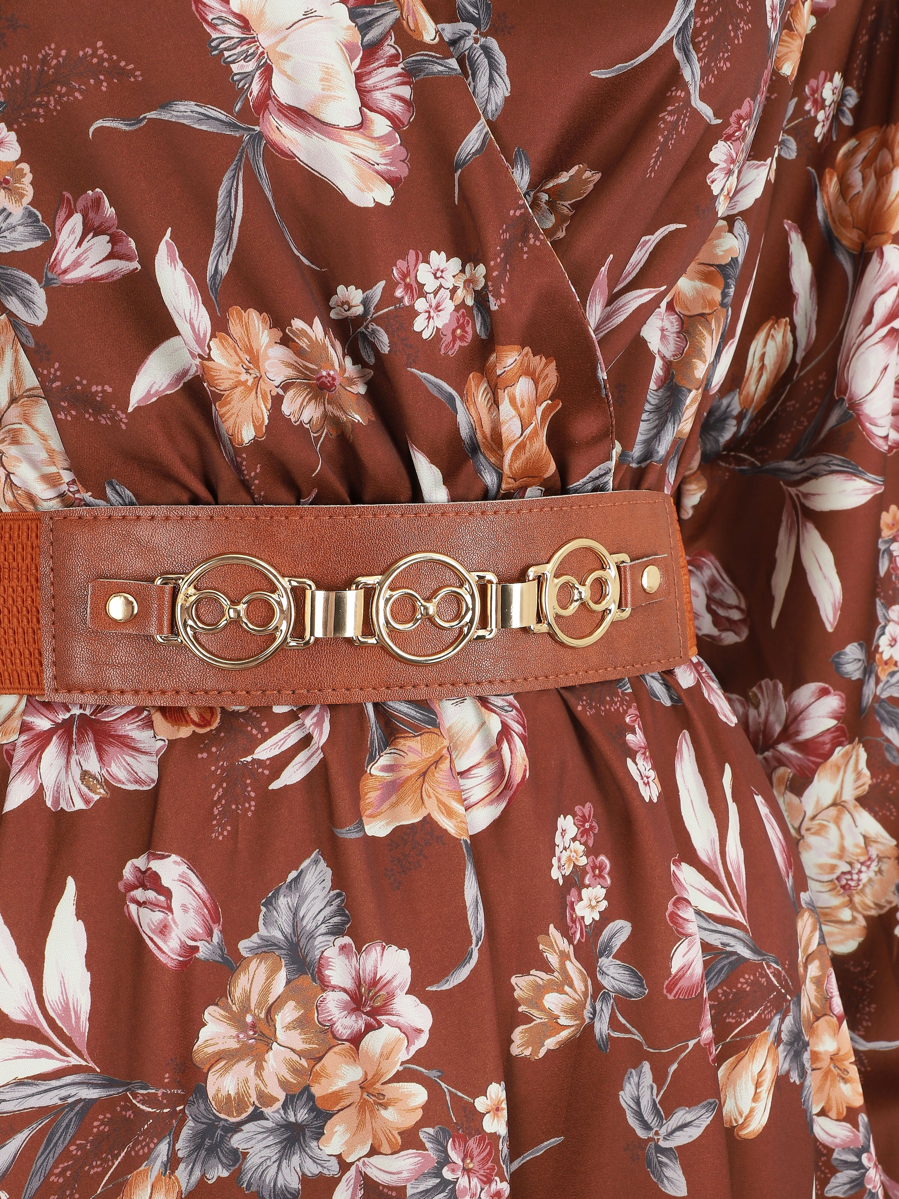 Robe satinée à imprimée floral - Marron - 3