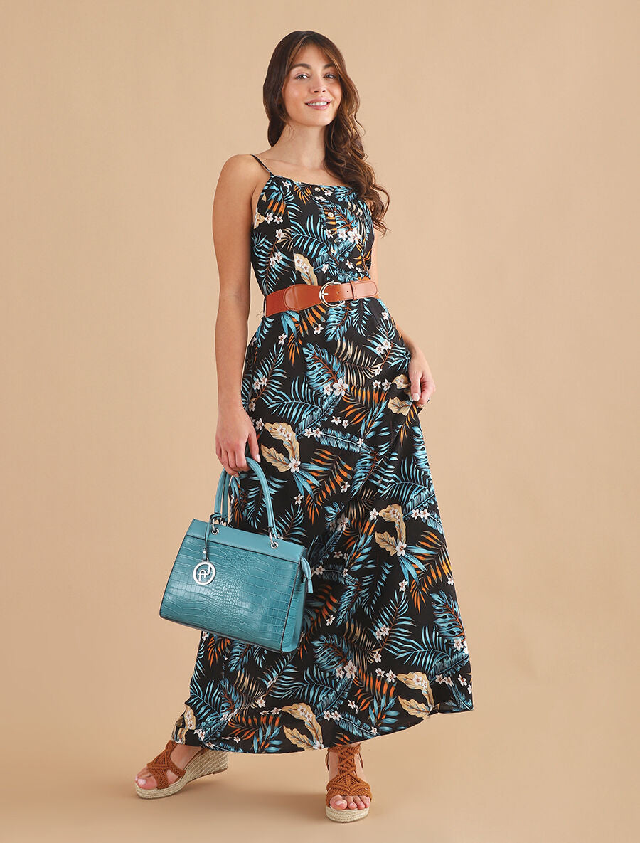 Robe longue droite à imprimé feuillage - Noir - 4