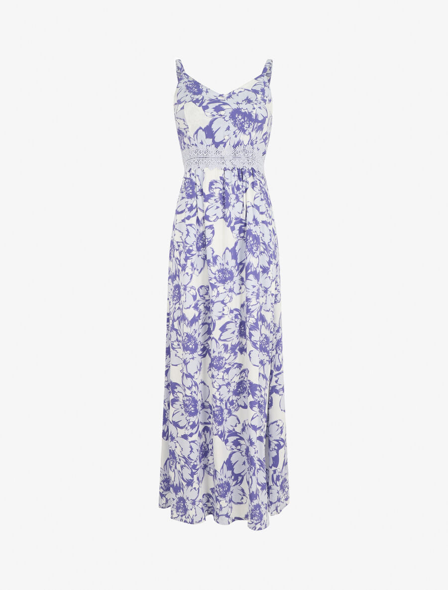 Robe longue imprimé fleurs et dentelle - Violet - 5