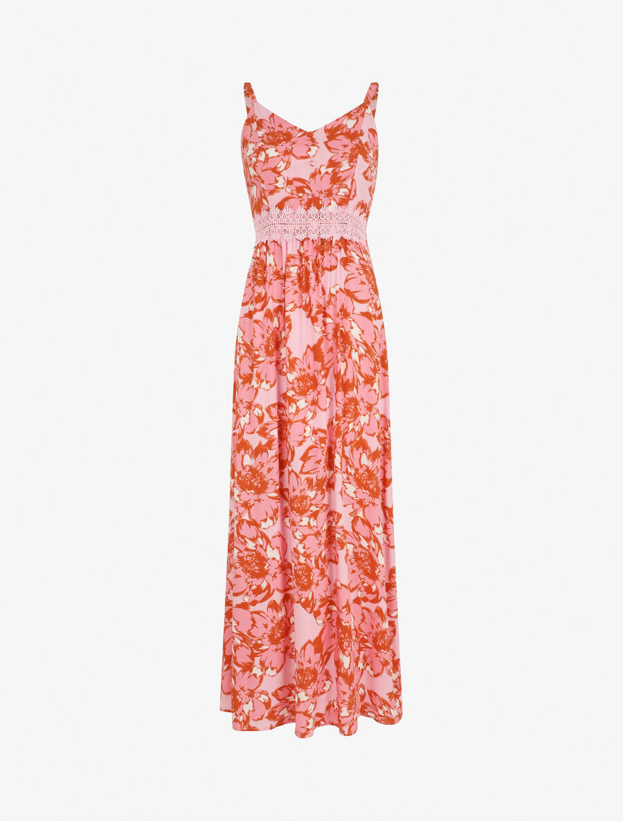 Robe longue imprimé fleurs et dentelle - Rouge - 1