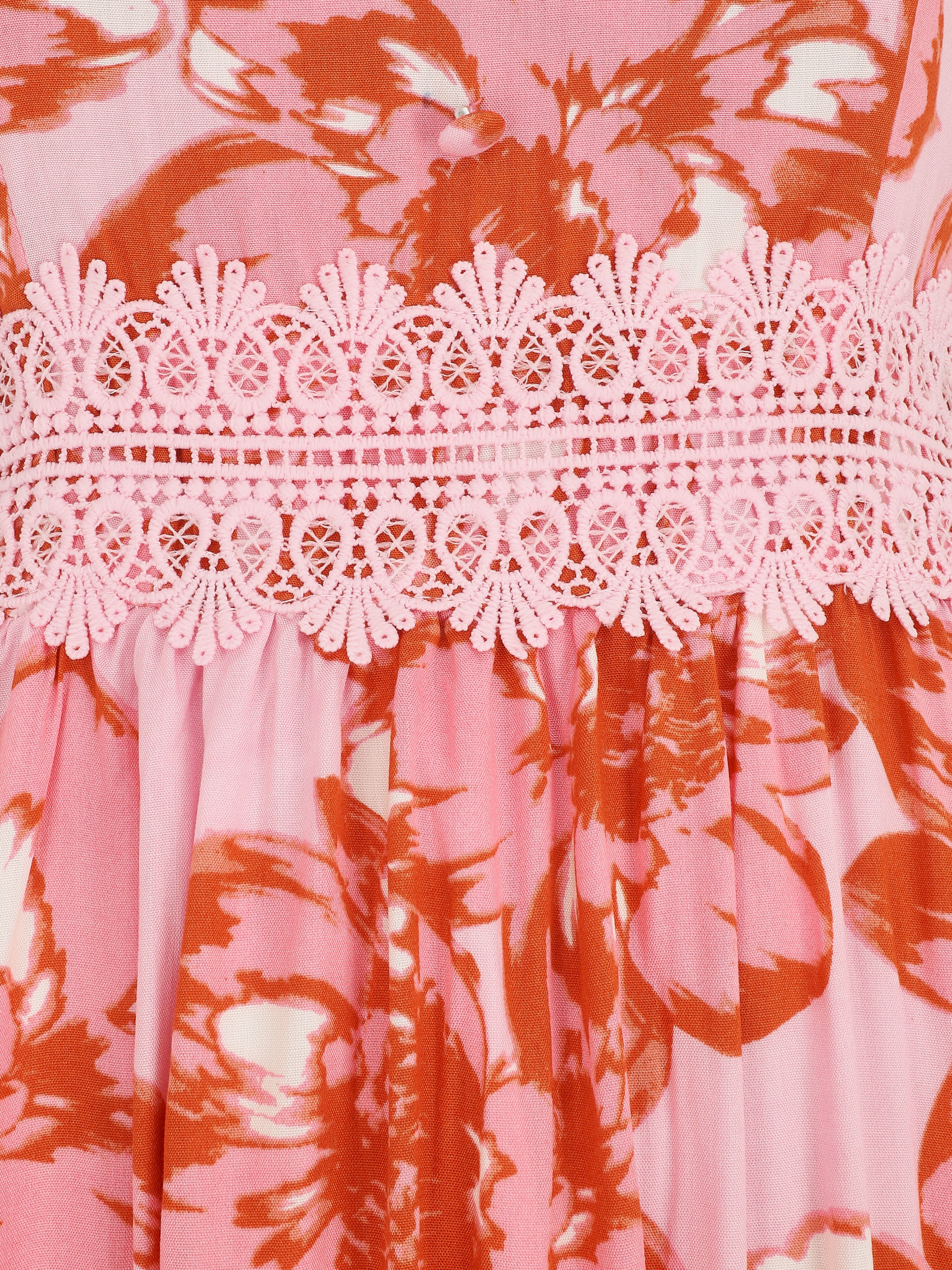 Robe longue imprimé fleurs et dentelle - Rouge - 3
