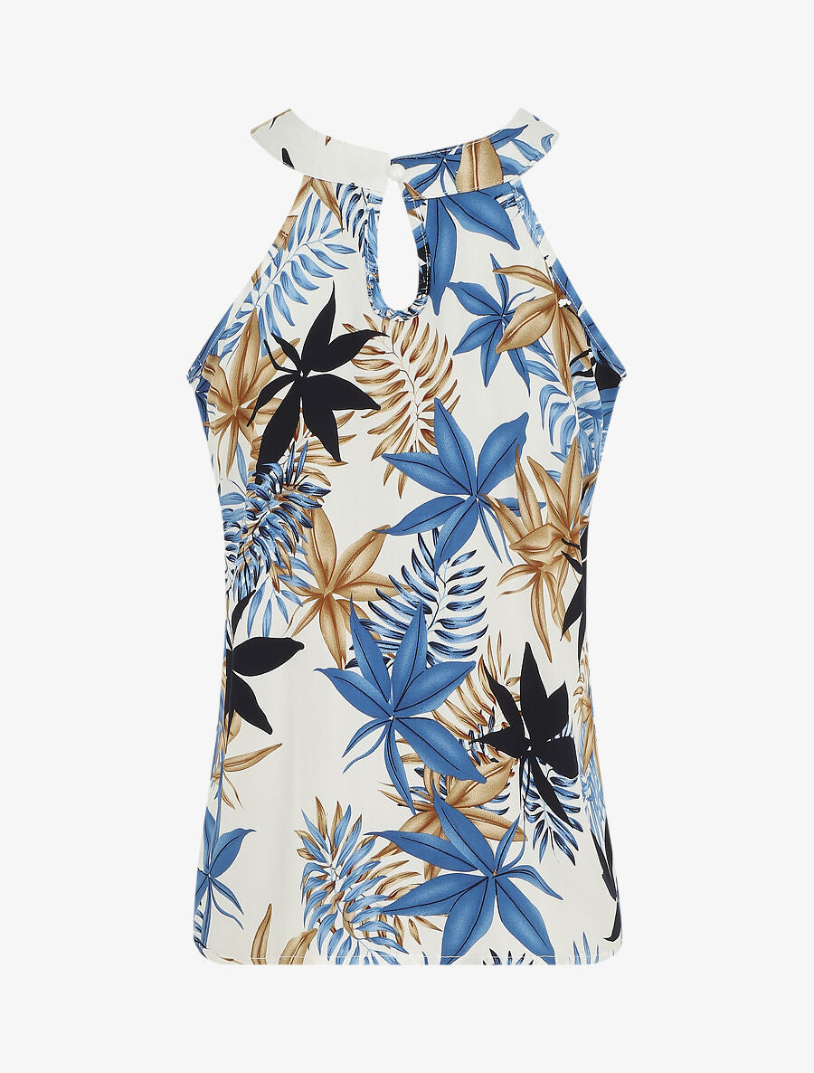 Top imprimé feuillage à col américain - Bleu - 2