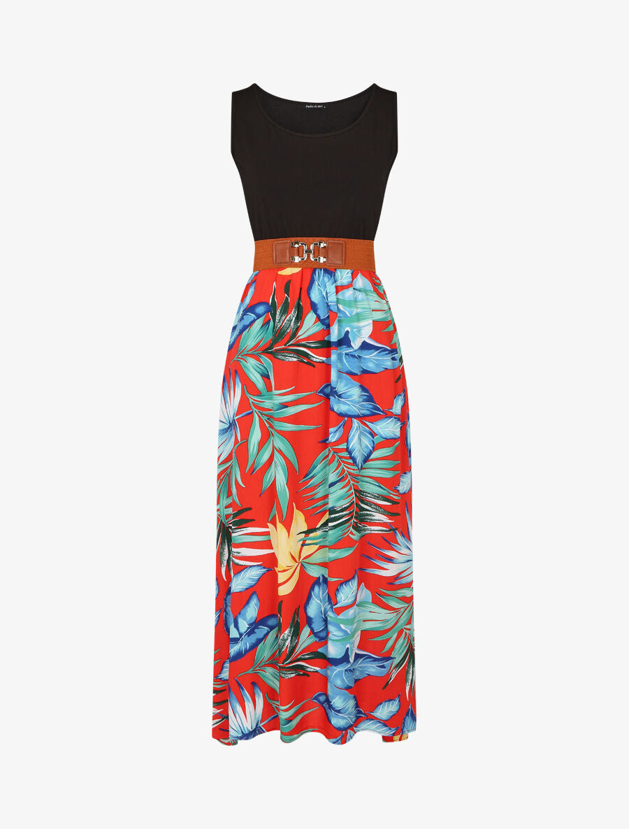 Robe bicolore à imprimé tropical - Rouge - 1