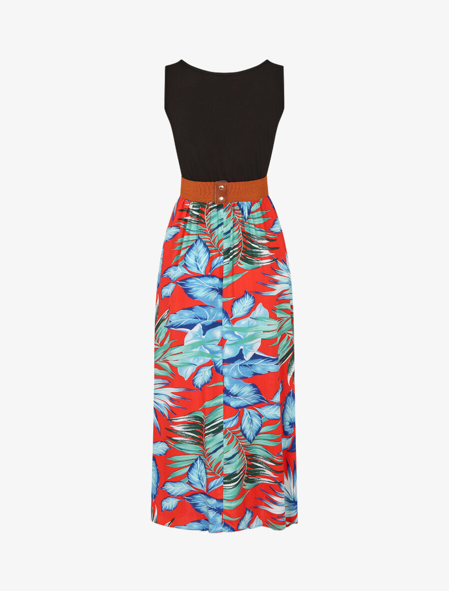 Robe bicolore à imprimé tropical - Rouge - 2