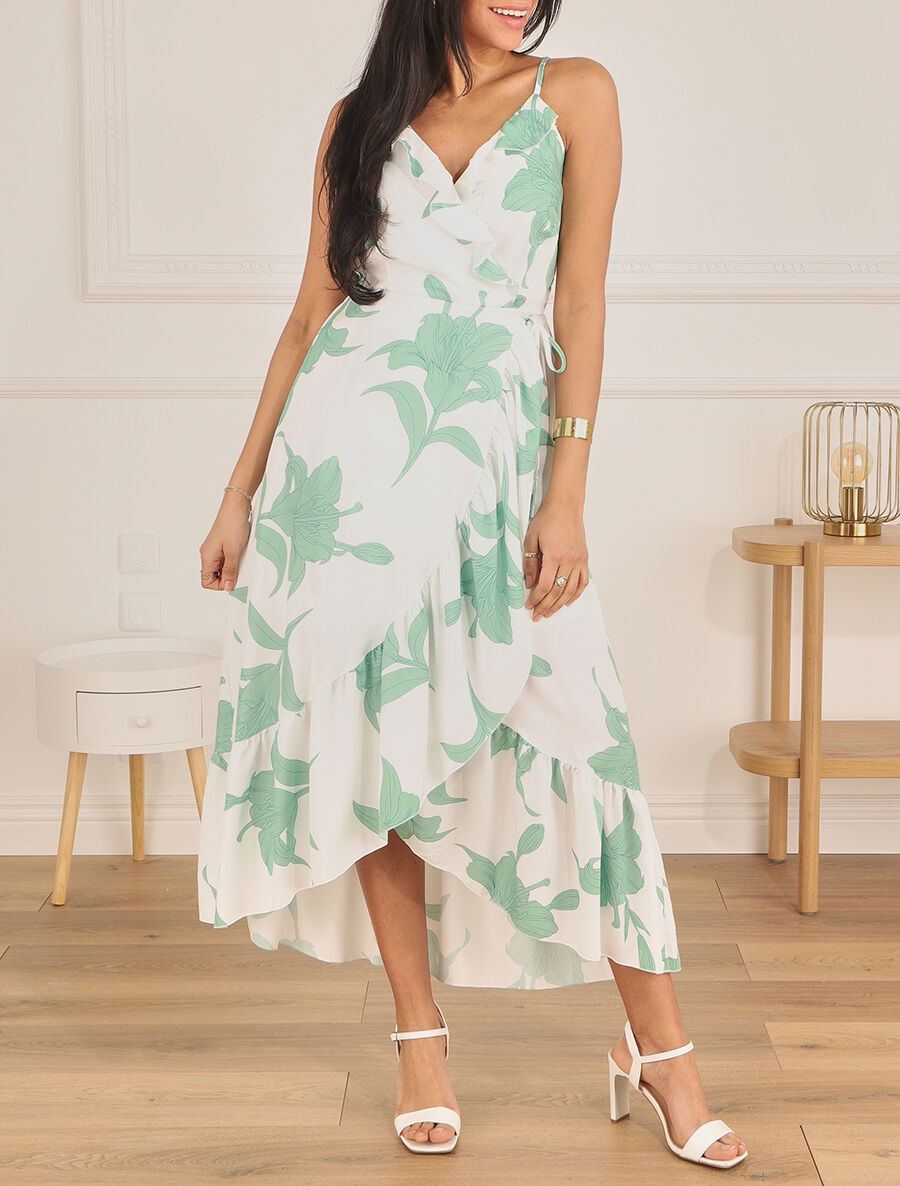 Robe longue asymétrique à imprimé grandes fleurs - Blanc - 4