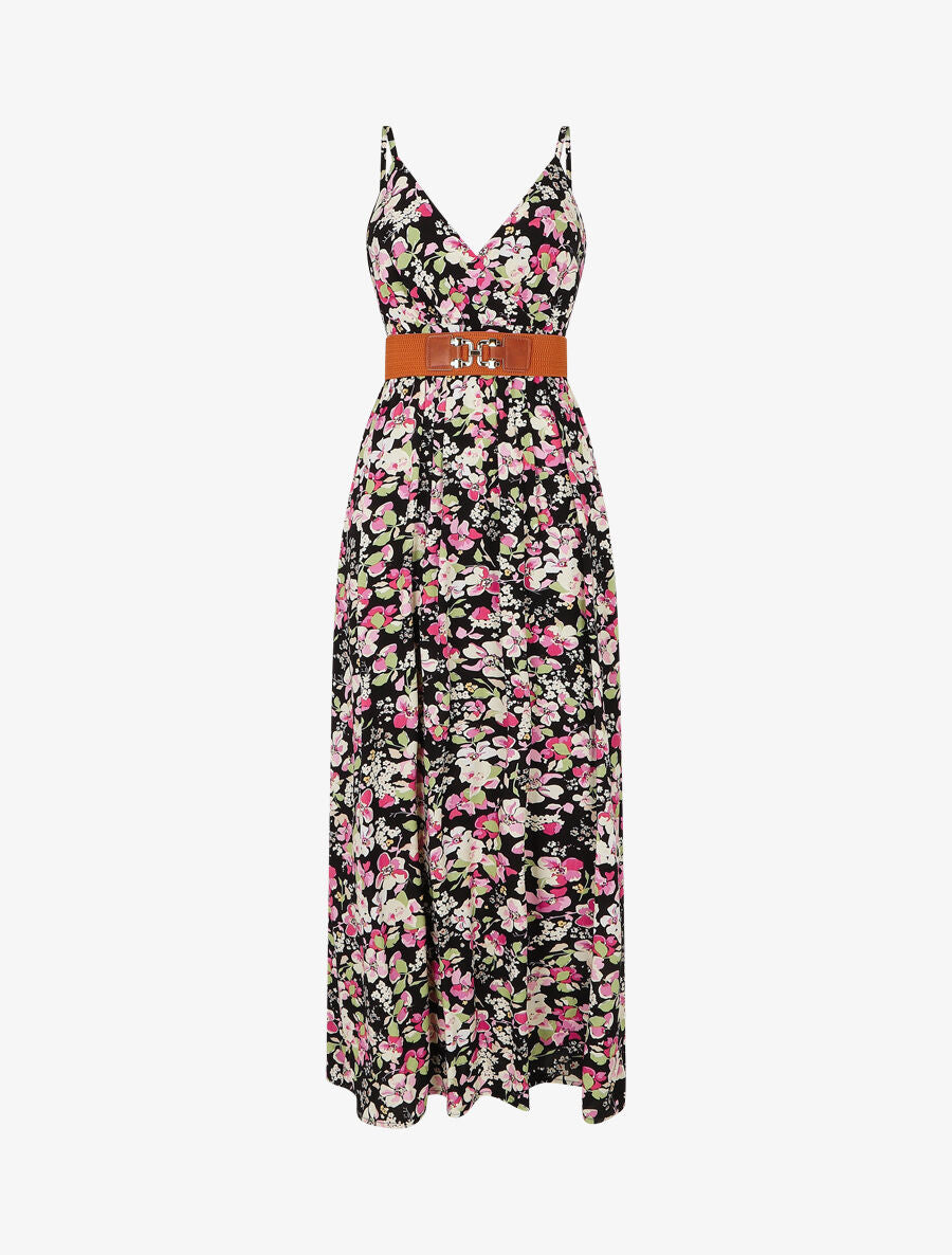 Robe longue imprimé fleurs printannières - Noir - 4