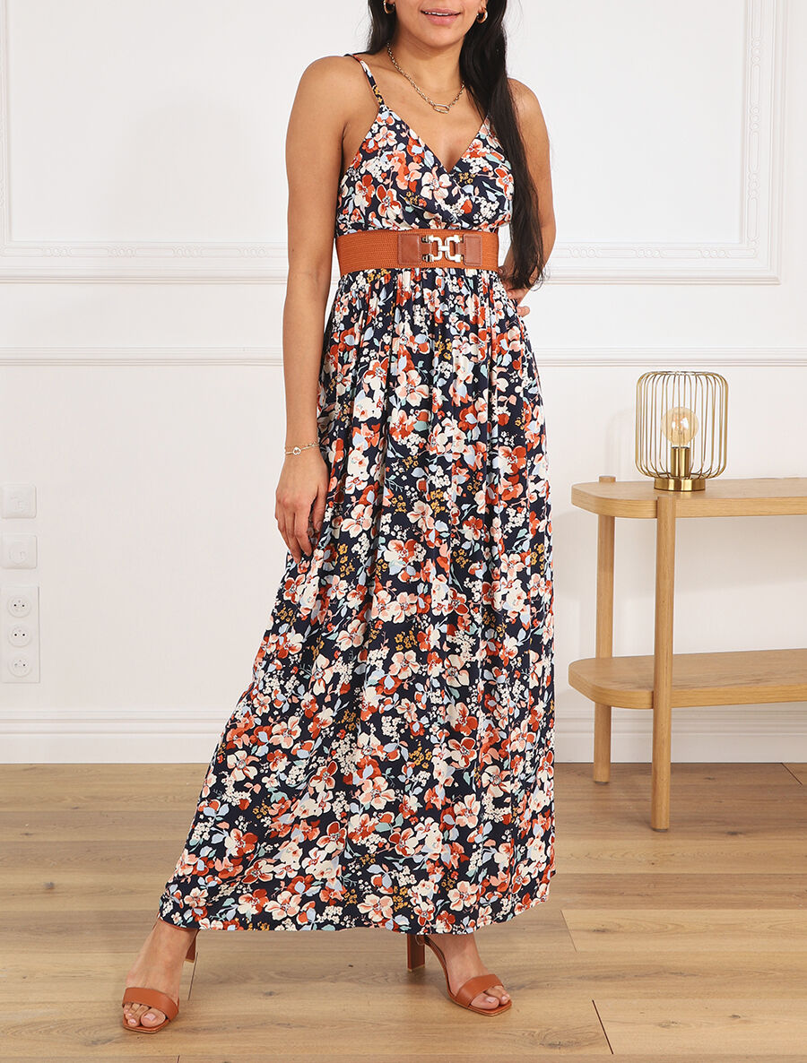 Robe longue imprimé fleurs printannières - Marine - 4