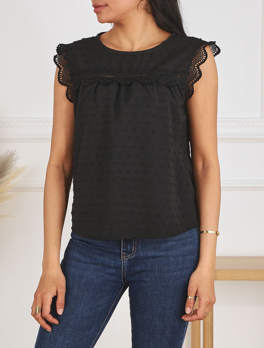 Blouse unie sans manches texturée - Noir - 4