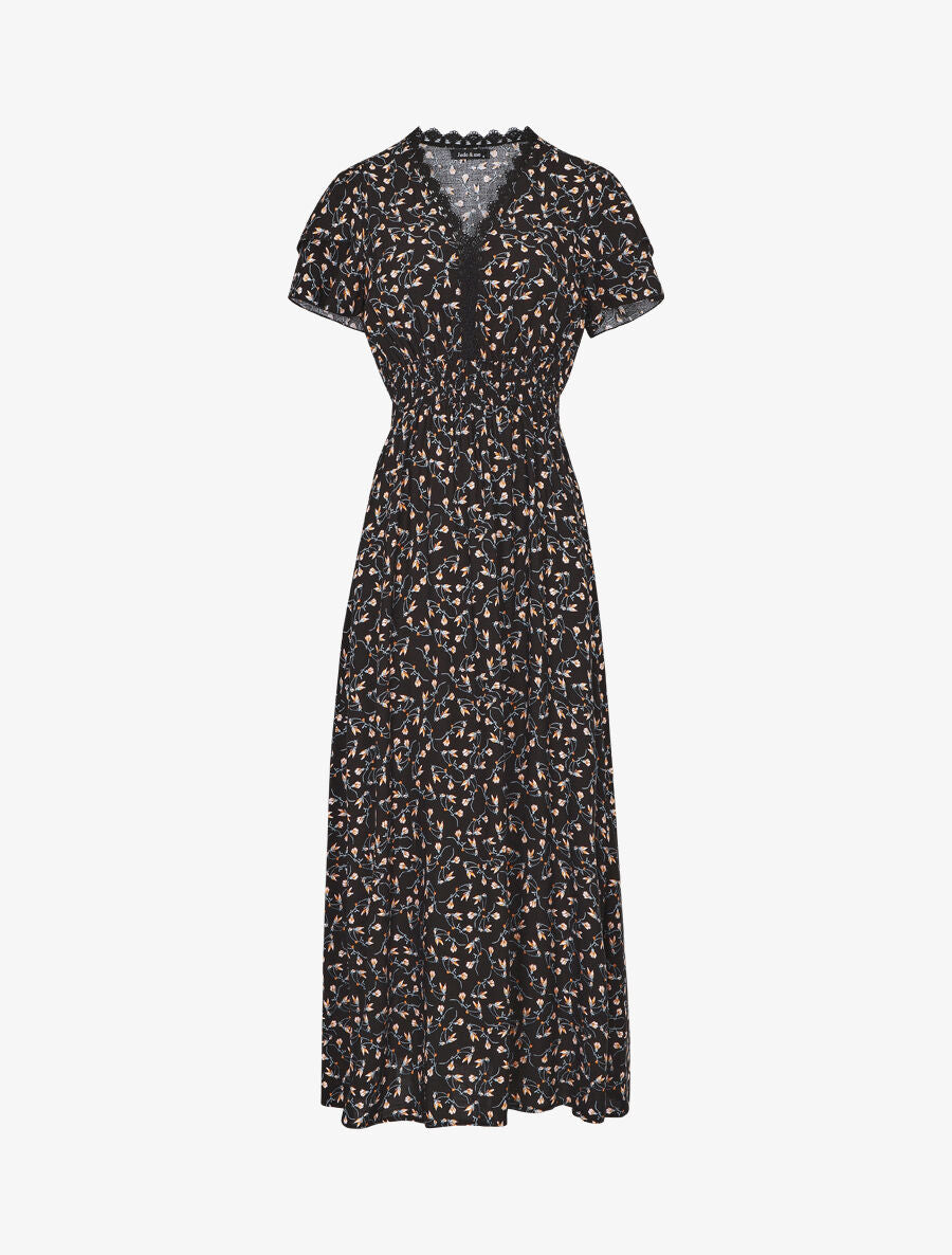 Robe imprimé petites fleurs à double manches - Noir - 4