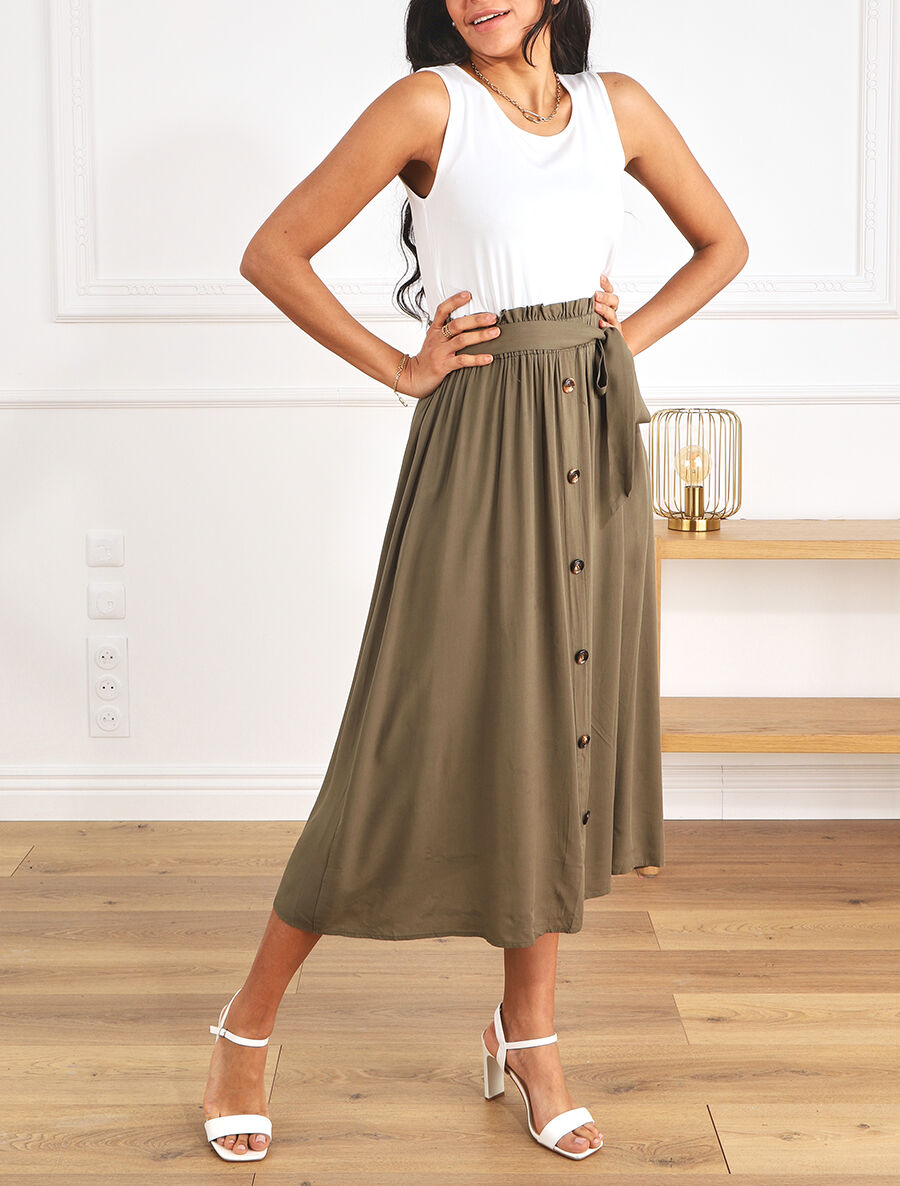 Robe longue évasée sans manches bicolore - Kaki - 4