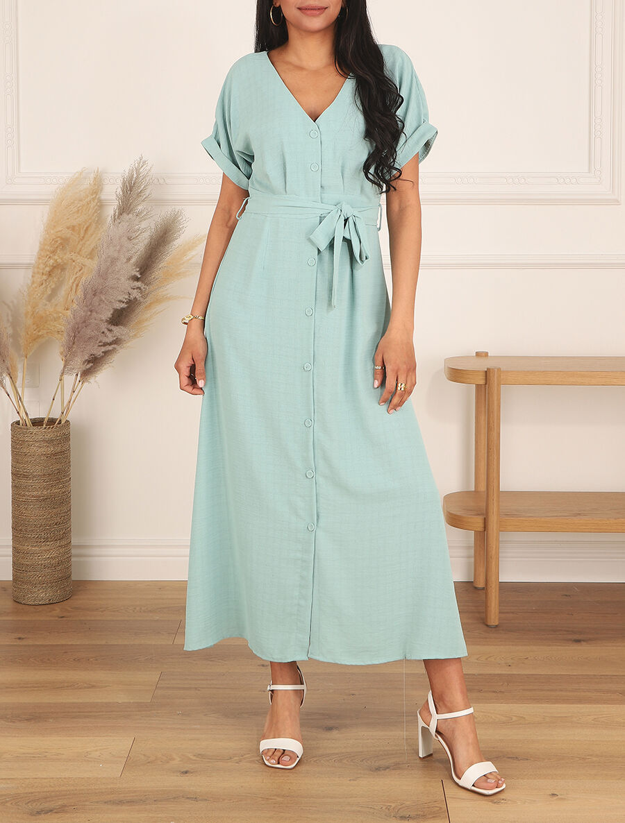 Robe longue unie ceinturée - Turquoise - 4