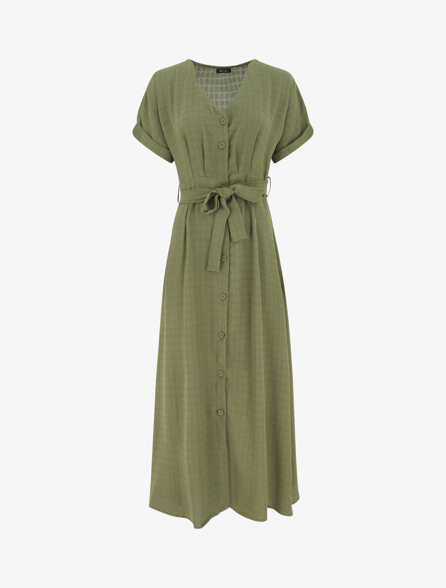 Robe longue unie ceinturée - Kaki - 1