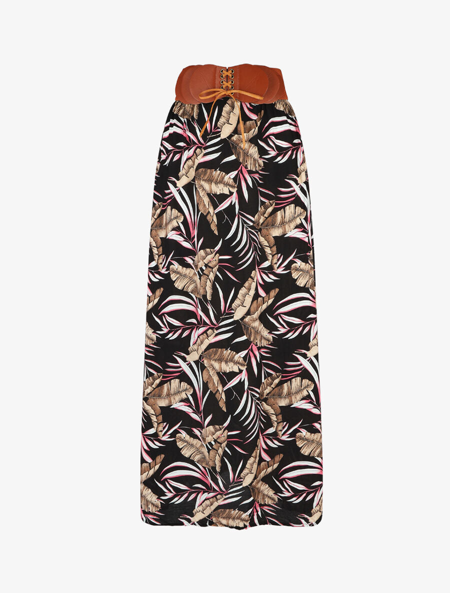 Jupe imprimée à taille haute ceinture stylisée - Noir - 1
