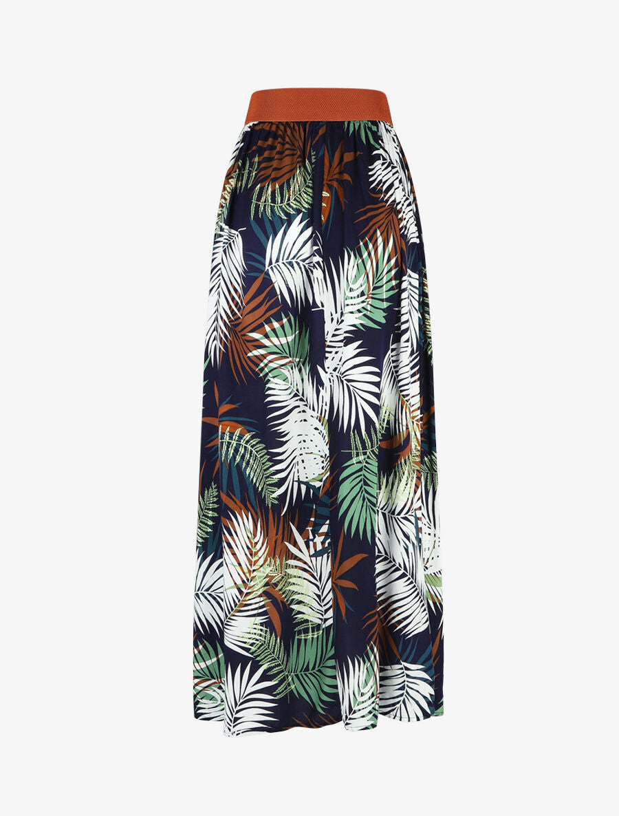 Jupe longue évasée imprimé tropical - Marine - 2