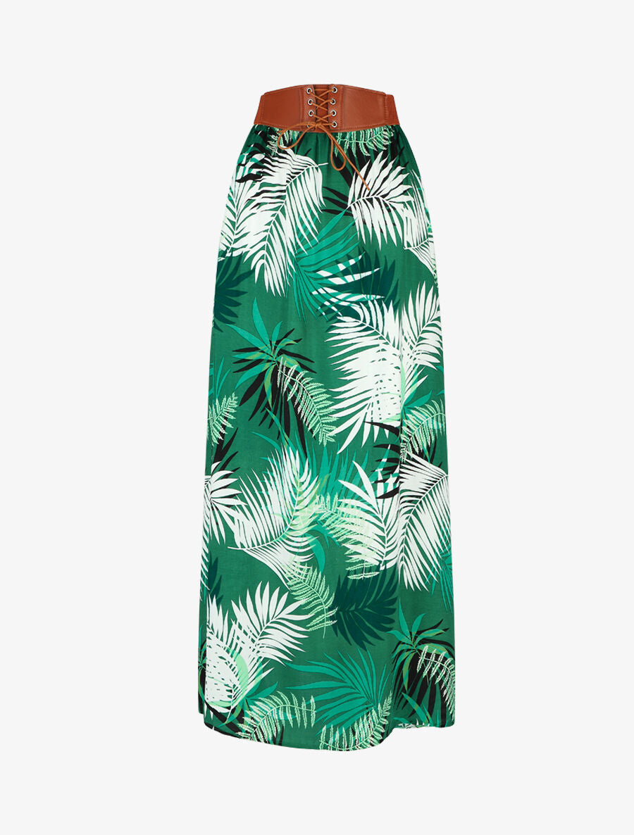 Jupe longue évasée imprimé tropical - Vert - 1