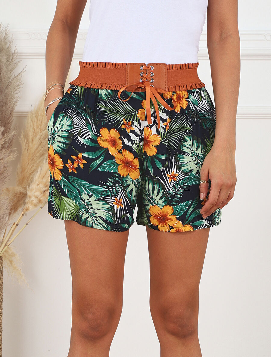 Short à taille haute style corset imprimé floral - Marine - 4