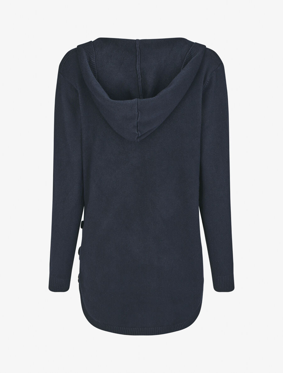 Gilet mi-long à capuche et boutons décoratifs - Marine - 2