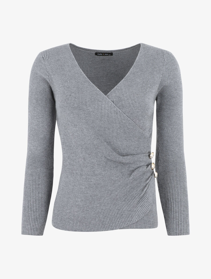 Pull côtelé col cache-coeur et boutons - Gris - 1