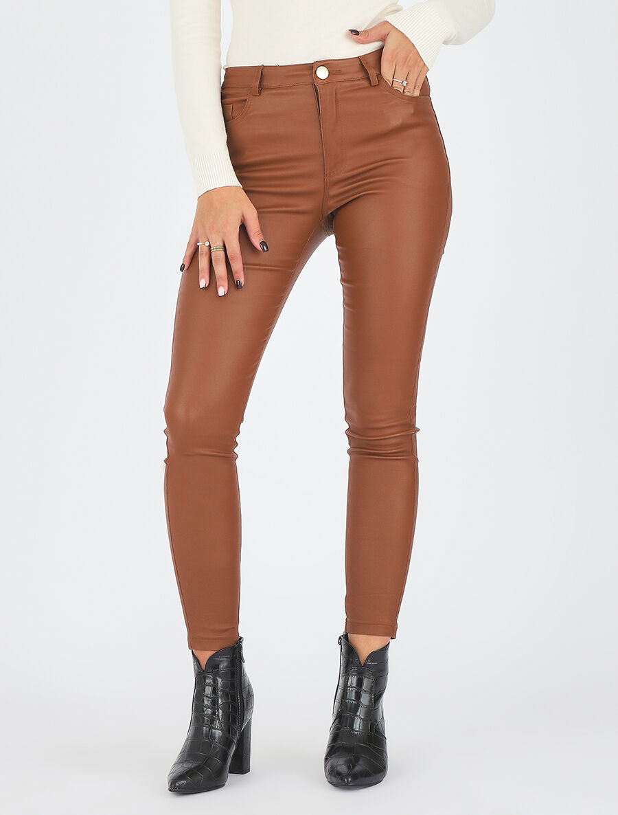 Pantalon slim effet ciré - Camel - 4