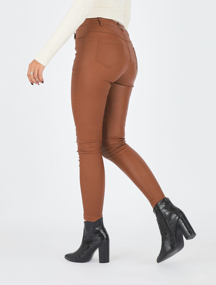 Pantalon slim effet ciré - Camel - 5