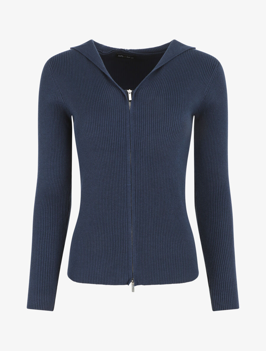 Gilet côtelé à capuche et zip - Marine - 1