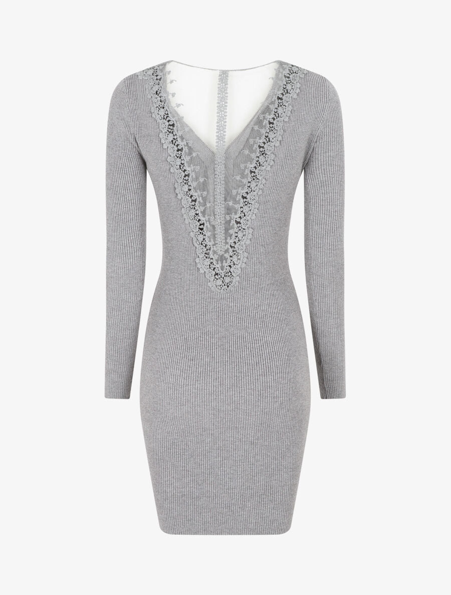Robe pull côtelé à dos ajouré - Gris clair - 2