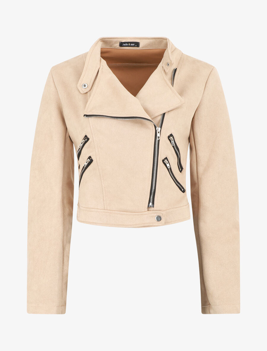 Veste en suédine à mutiples zip - Beige - 1