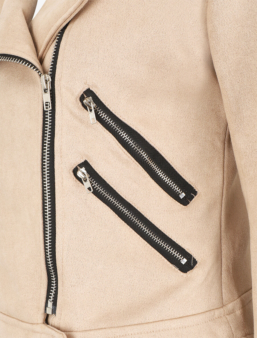 Veste en suédine à mutiples zip - Beige - 3