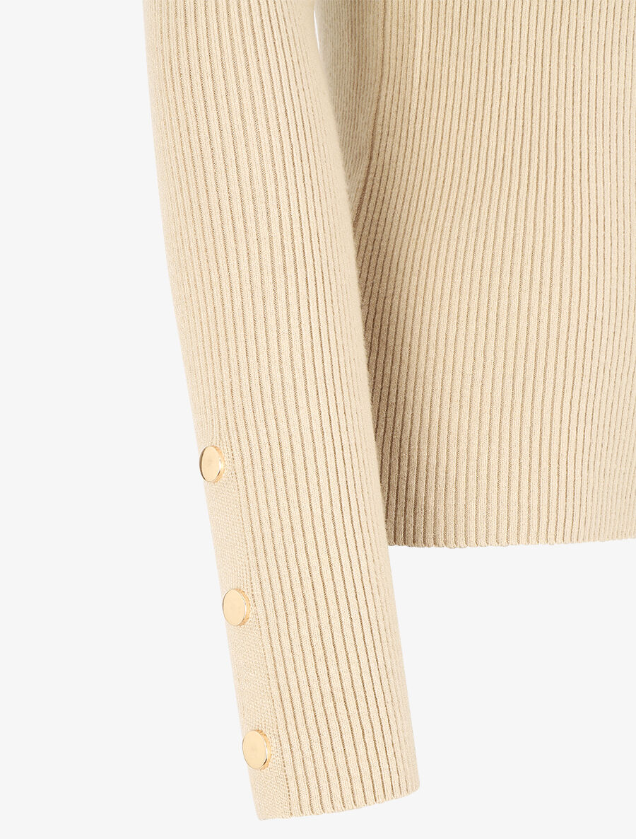 Pull côtelé à boutons décoratifs aux manches - Beige - 3