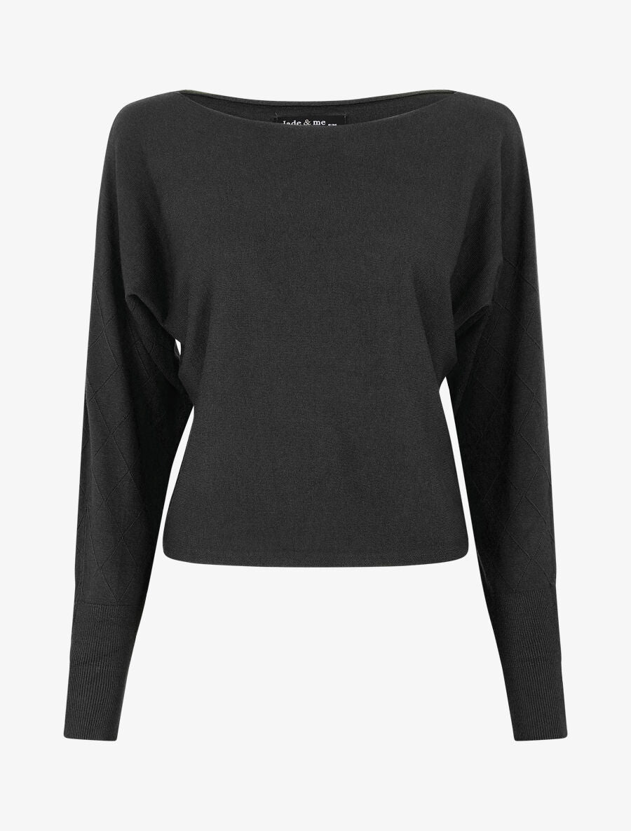 Pull uni à manches et imprimé losanges - Noir - 1