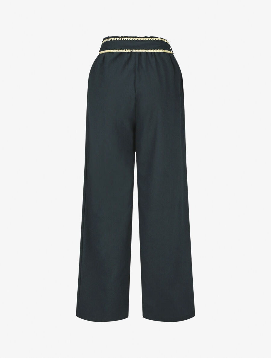 Pantalon élastiqué effet lin à ceinture stylisé - Marine - 2