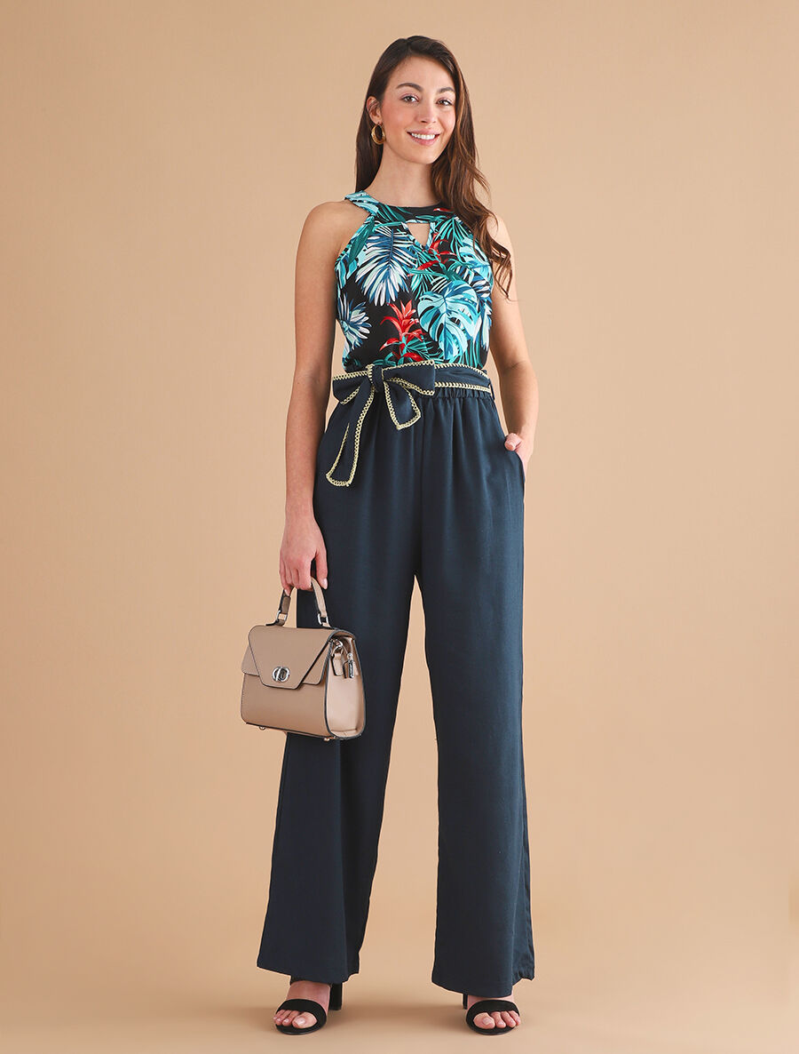 Pantalon élastiqué effet lin à ceinture stylisé - Marine - 4