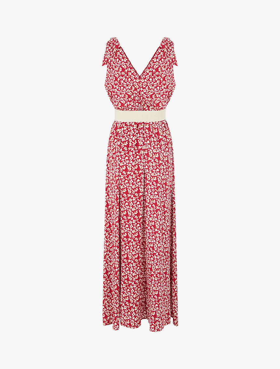Robe imprimé fleuri à nœuds aux épaules - Rouge - 2