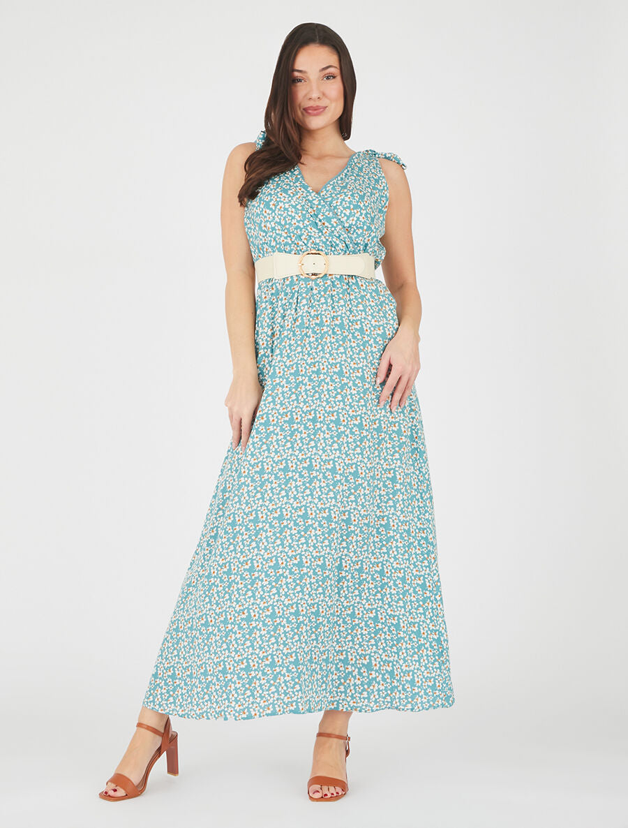 Robe imprimé fleuri à nœuds aux épaules - Vert d&