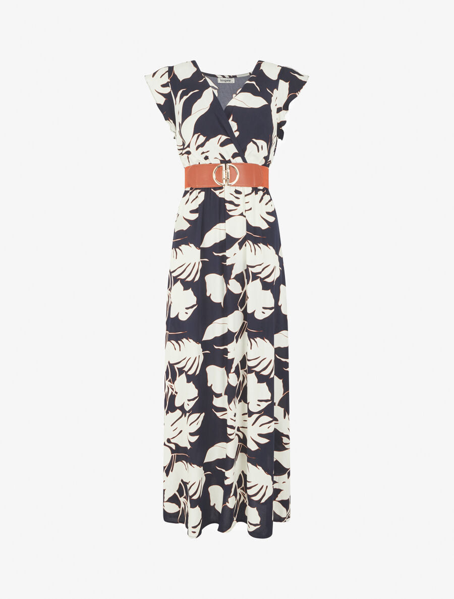 Robe fleurie à manches courtes volantées - Marine - 1