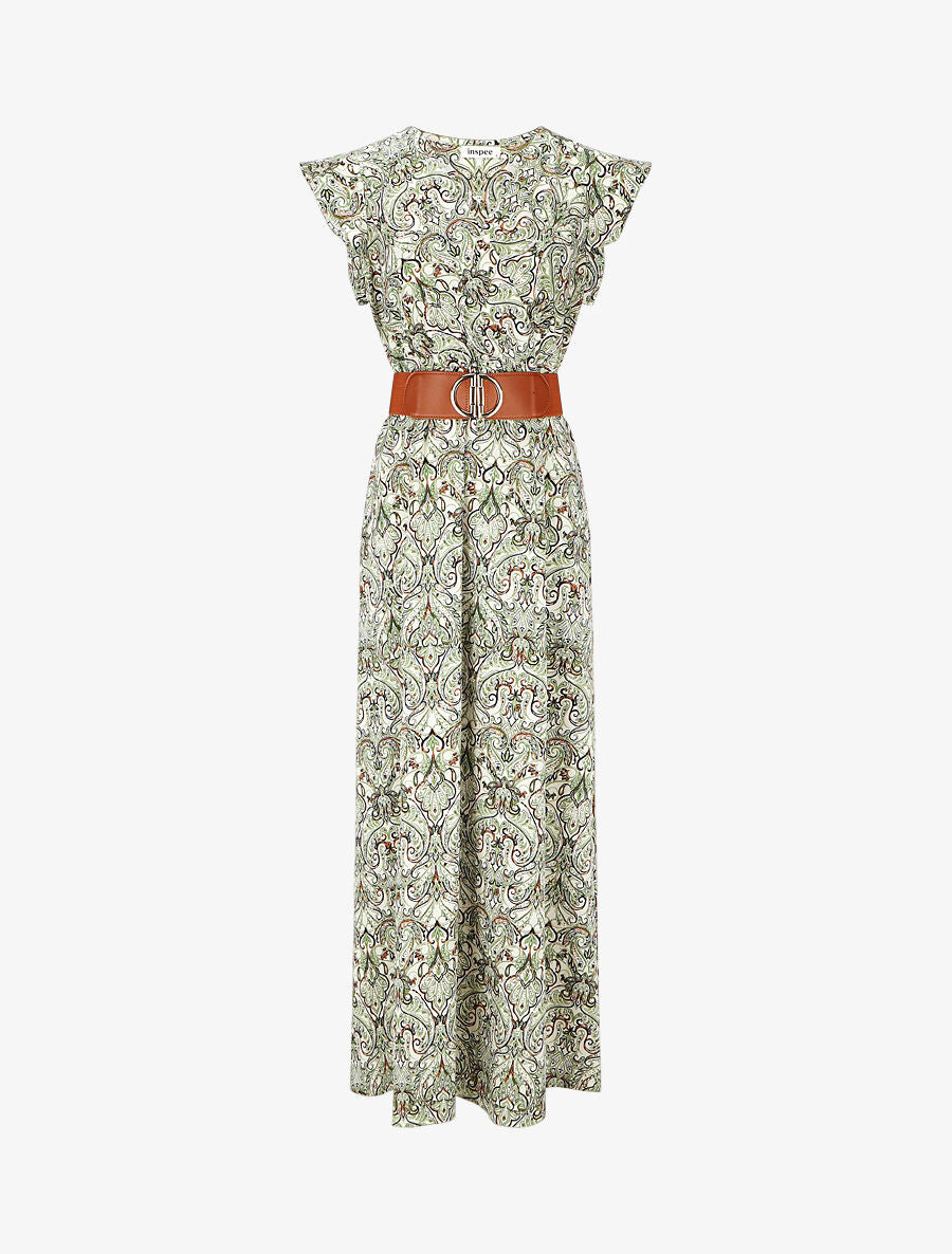 Robe imprimé foulard à manches courtes volantées - Vert - 1