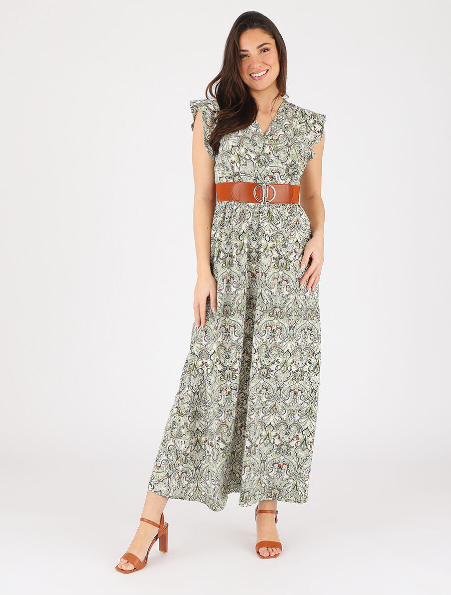 Robe imprimé foulard à manches courtes volantées - Vert - 4