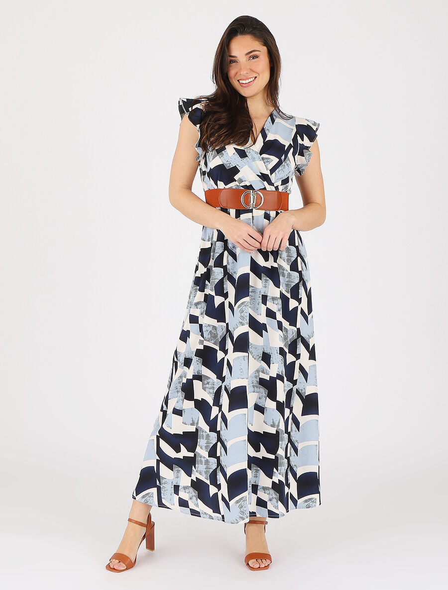 Robe imprimé graphique à manches courtes volantées - Bleu - 4