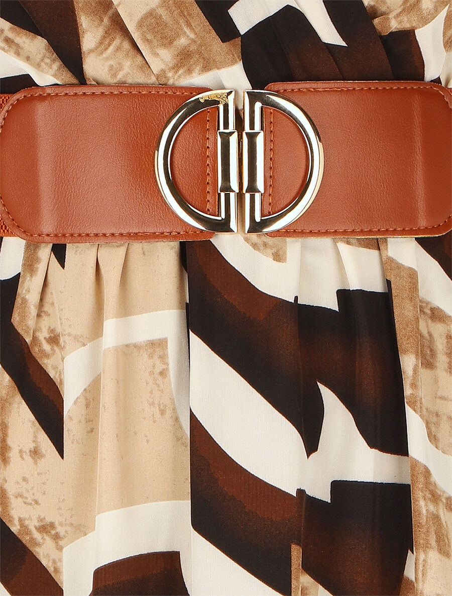 Robe imprimé graphique à manches courtes volantées - Beige - 3