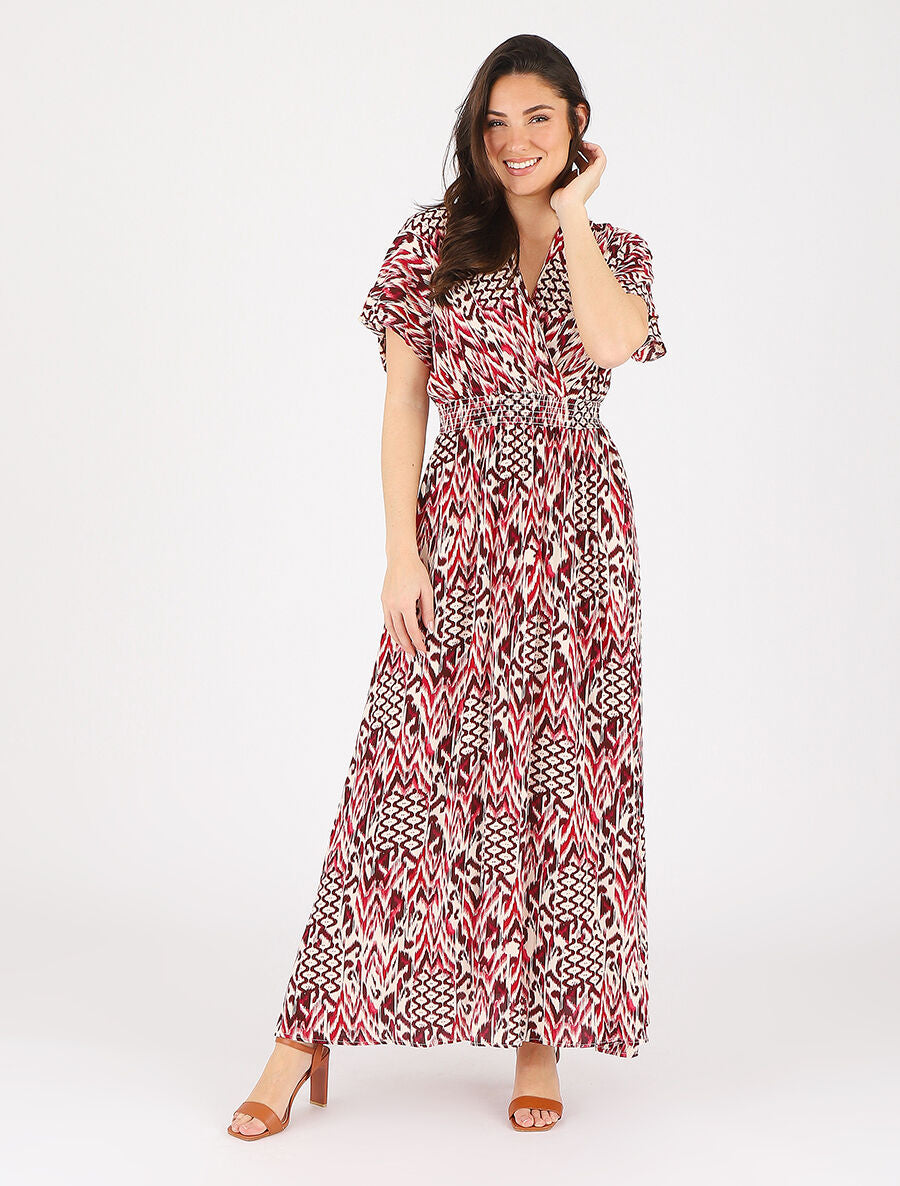 Robe longue manches courtes imprimé graphique - Rouge - 4