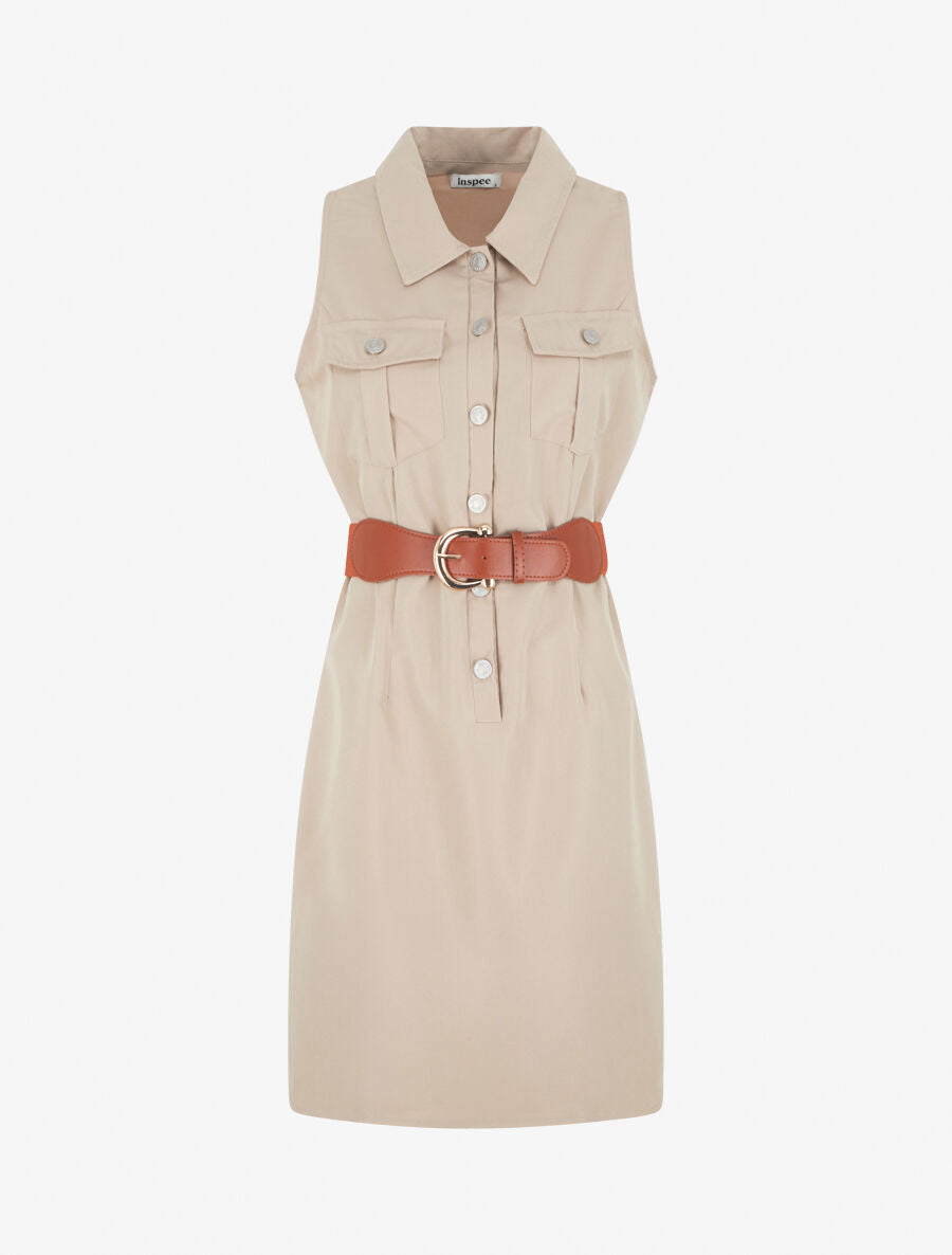 Robe unie style chemise sans manches - Beige - 1