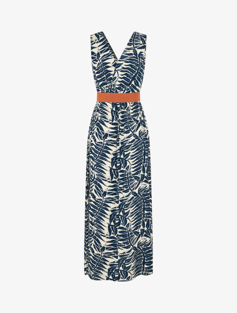 Robe longue évasée imprimé tropical - Marine - 2