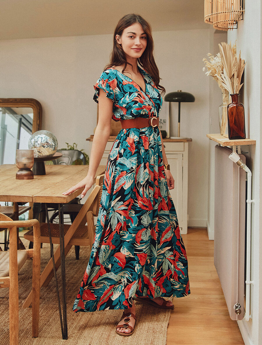 Robe imprimé feuillage et col cache-coeur - Noir - 5