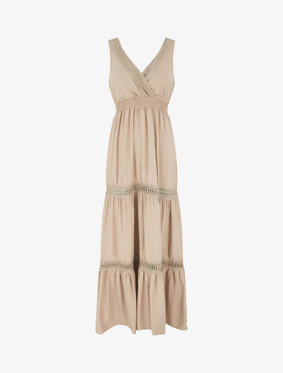 Robe longue unie ajourée - Beige - 1