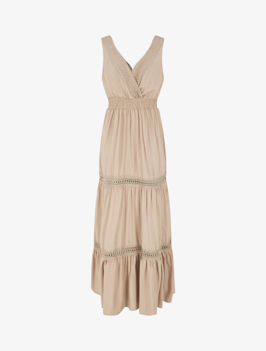 Robe longue unie ajourée - Beige - 2